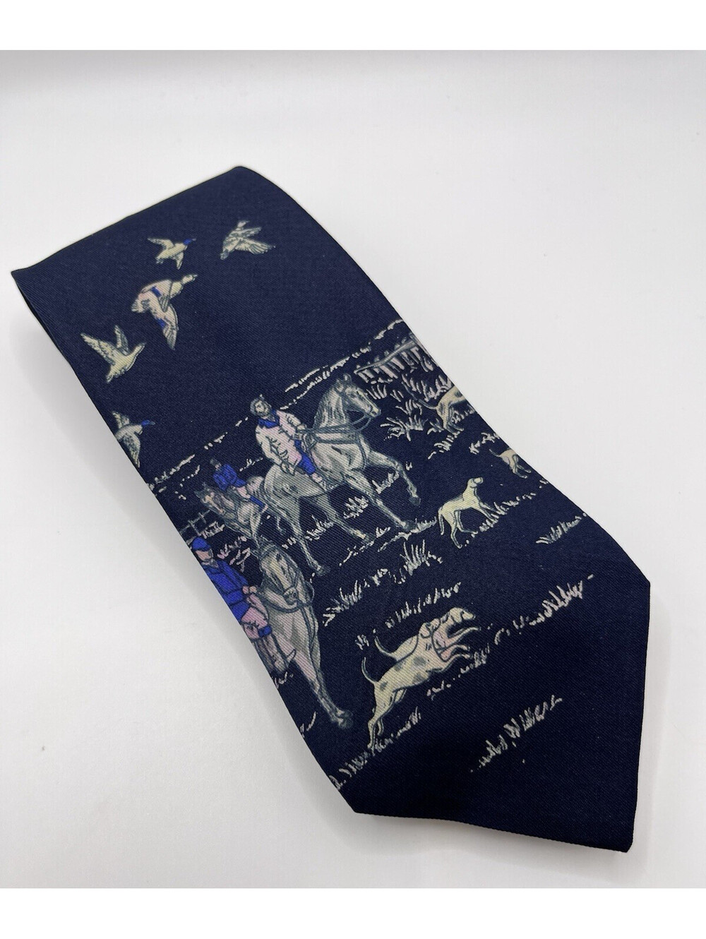 Countess Mara Belgravia Tie Necktie Vintage Blue Ducks Horses Silk 3.5"x56"
